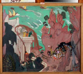 Cortina definida para o balé ""Sheherazade"" (Scheherazade) de Nicholas (Nikolai) Rimsky Korsakov (Rimsky-Korsakov) (1844-1908). Obra de Valentin Alexandrovich Serov (1865-1911), tempera sur cartolina