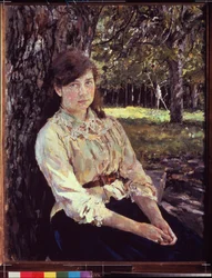 Jovem rapariga à luz do sol. Retrato de Maria Simonovich. Pintura de Valentin Alexandrovich Serov (1865-1911), óleo sobre tela 1888. Arte russa do século XIX, art nouveau, modernismo. Galeria Estadual Tretyakov, Moscovo.