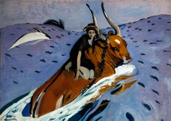 O rapto de Europa. A bela princesa fenícia está nas costas de Zeus, transformada num touro, que a leva para o mar, rodeada de golfinhos. Pintura de Valentin Alexandrovich Serov (1865-1911), óleo sobre tela