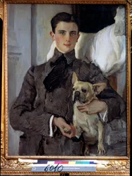 Retrato do Príncipe Felix Youssoupoff, Conde Soumarokov Elston (1887-1967), com um cachorro. (Retrato do príncipe Felix Yusupov, conde Sumarokov Elston, com um cachorro). Pintura de Valentin Alexandrovich Serov (1865-1911), óleo sobre tela