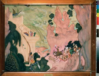 Rideau preparatoire pour le ballet "Sheherazade" (Scheherazade) de Nicolas (Nikolai) Rimsky Korsakov (Rimsky-Korsakov) (1844-1908). Oeuvre de Valentin Alexandrovich Serov (1865-1911), watercolourelle et gouache sur papier
