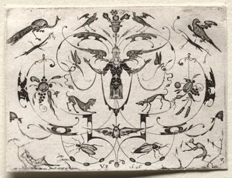 Arabesco com pavão, periquito, cães e insectos, 1626.