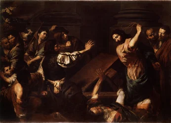"Cristo conduzindo os agiotas do templo" (Cristo afugentando os agiotas do templo) Pintura de Valentin de Boulogne (1591-1632) 1620-1625 Dim. 192x266,5 cm Museu Hermitage, São Petersburgo