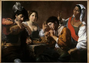 Reunião em um cabaré Pintura de Valentin de Boulogne (1591-1632) Sol do século XVII. 0,96x1,33 m