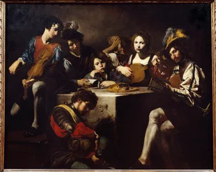 O concerto em baixo relevo. Músicos reunidos em torno de um altar esculpido. Pintura de Valentin de Boulogne (1591-1632). Dim. 1,73 X 2,14m.
