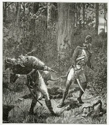 Rask o cão matando um soldado inglês - ilustração de Bug-Jargal, gravura do século XIX bw