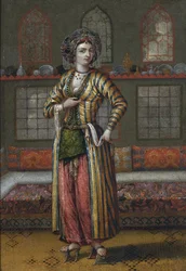 Uma nobre senhora de Constantinopla usando sapatos de banho turco