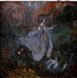 Bom dia. Uma mulher com véus caminha em direcção a um pássaro no chão num jardim de flores. Trabalho de Vasili Dmitrievich Millioti (1875-1943), aguarela, guache e tinta sobre papel