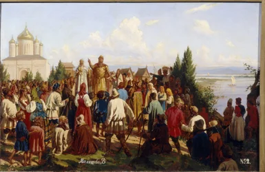 O Grande Príncipe Yaroslav I Vladimirovich (978-1054) de Novgorod e Kiev promulga o Primeiro Código de Leis Russkaya Pravda em 1019. Pintura de