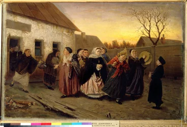 Costume russo: procissão de mulheres saindo de uma casa dançando e cantando na véspera de um casamento (Festa de Véspera de Casamento em Casa de Banho). Pintura de Vasili (Vasili) Grigoryevich Perov (1834-1882)