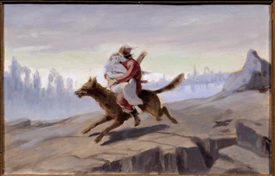 Ivan tsarevich chevauchant le loup gris (Conte traditionnel russe) - Ivan Tsarevich riding the Gray Wolf - oeuvre de Vasili (Vassili) Grigoryevich Perov (1834-1882), huile sur papier, fin 1870-debut 1880 - Art russe