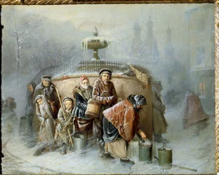 A fila na fonte. Em pleno inverno, os habitantes da cidade esperam pela sua vez, sob o vento frio e o nevoeiro, para encherem os baldes com água potável. (1834-1882)