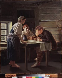 O acolhimento do peregrino. Pintura por Vasili (Vassili) Grigorievich Perov (1834-1882), óleo sobre tela