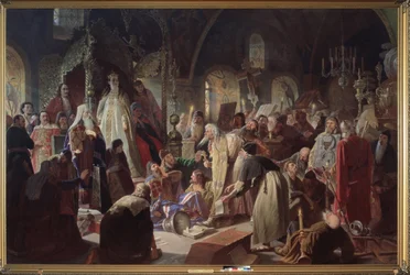 O antigo crente Nikita Pustosviat (ou Nikita Dimitriovich Dobrynin, falecido em 1683) debatendo com o Patriarca de Moscovo, Joachim (1620-1690), sobre a questão da Fé na presença da Regente Sophie Alexeievna Romanova (1657-1704)