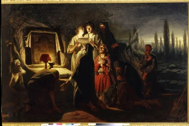 Os primeiros cristãos de Kyiv (Ucrânia). (Primeiros cristãos de Kyiv). Celebração religiosa de uma pequena comunidade de cristãos ortodoxos, em oração diante de um ícone ao anoitecer. Pintura de Vasili (Vasili) Grigoryevich Perov (1834-1882), hui