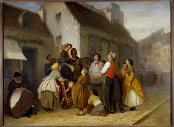Cena de rua em Paris. Os transeuntes param diante de um casal de músicos de rua: o homem toca o ehru (instrumento com duas cordas esfregado por um arco) e sua esposa canta. Pintura de Vasili (Vasili) Perov (1833-1882)
