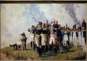 Napoleão Bonaparte (1769-1821) sobre as alturas de Borodino. Batalha de Moskova (ou Batalha de Borodino, 7 de Setembro de 1812, durante a campanha russa), Napoleão, sentado de braços cruzados, pensativo, é retratado em frente aos soldados do campo de batal