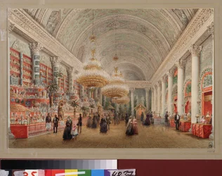 Bazar de caridade no salão de banquetes do Palácio Yusupov em São Petersburgo. Obra de Vasily Semyonovich Sadovnikov (1800-1879), aquarela sobre papel. arte russa
