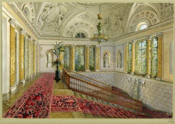 Escadaria em um palácio. Obra de Vasily Semyonovich Sadovnikov (1800-1879), aquarela sobre papel