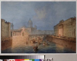 Iluminação do Rio Moika em São Petersburgo. Obra de Vassily Semyonovich Sadovnikov (1800-1879), aquarela sobre papel
