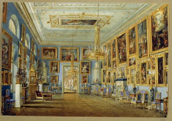 A galeria de arte do Palácio Yusupov (Palácio Moika) em São Petersburgo. (A Galeria de Arte no Palácio Yusupov em São Petersburgo). Obra de Vasily Semyonovich Sadovnikov (1800-1879), aquarela sobre papel. arte russa