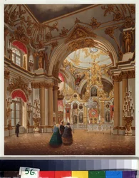 A Grande Capela do Palácio de Inverno em São Petersburgo. Trabalho de Vasily Semyonovich Sadovnikov (1800-1879), aguarela sobre papel. Arte russa do século XIX. A. Museu Memorial Pushkin, São Petersburgo.
