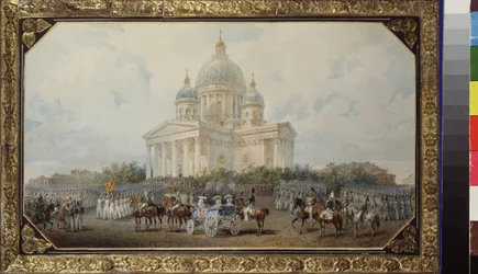 O desfile em frente à Catedral de Santo Isaac em São Petersburgo. Obra de Vasily Semyonovich Sadovnikov (1800-1879), aquarela sobre papel