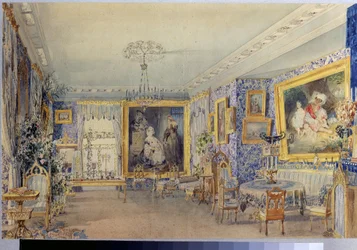 A sala de estar na Manor House Verki. Obra de Vasily Semyonovich Sadovnikov (1800-1879), aquarela sobre papel