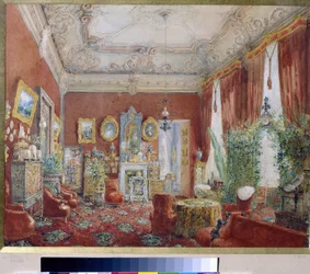 A Sala de estar da Família no Palácio Yusupov em São Petersburgo. (A Sala de estar da Família no Palácio Yusupov em São Petersburgo). Trabalho de Vasily Semyonovich Sadovnikov (1800-1879), aguarela sobre papel. Arte russa