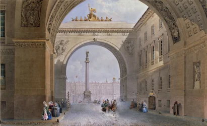 O Arco do Edifício do Estado-Maior em São Petersburgo. Obra de Vasily Semyonovich Sadovnikov (1800-1879), aguarela sobre papel, ca. 1830. Arte russa do século XIX. Estado Hermitage, São Petersburgo.