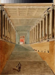 A Grande Escadaria (ou Escadaria do Embaixador ou Escadaria da Jordânia) do Palácio de Inverno em São Petersburgo. Obra de Vasily Semyonovich Sadovnikov (1800-1879), aquarela sobre papel, por volta de 1840. Arte russa do século XIX. Museu Estadual de Belas