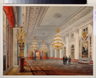 O Grande Salão (ou Salão Nicholas) do Palácio de Inverno em São Petersburgo. Trabalho de Vasily Semyonovich Sadovnikov (1800-1879), aguarela sobre papel