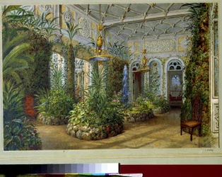 O Jardim de Inverno no Palácio Yusupov em São Petersburgo. Trabalho de Vasily Semyonovich Sadovnikov (1800-1879), aguarela sobre papel