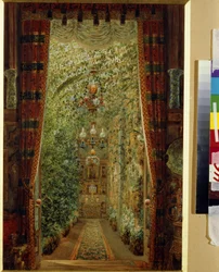 O Jardim de Inverno no Palácio Yusupov (Palácio Moika) em São Petersburgo. (O Jardim de Inverno no Palácio Yusupov em São Petersburgo). Trabalho de Vasily Semyonovich Sadovnikov (1800-1879), aguarela sobre papel
