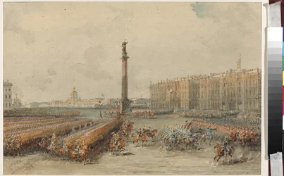 Desfile do Regimento de Cavalos Salva-Vidas na Praça do Palácio - Vasily Semyonovich Sadovnikov (1800-1879). Aguarela e cor branca sobre papel