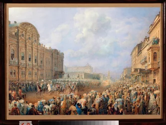 Desfile na Avenida Neva (Nevsky Prospect) no Palácio Beloselsky Belozersky. (São PETERSBURGO). Obra de Vasily Semyonovich Sadovnikov (1800-1879), aquarela sobre papel