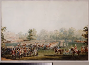Desfile militar no prado do palácio de Elagin em São Petersburgo. (Desfile da Guarda Imperial). Obra de Vasily Semyonovich Sadovnikov (1800-1879), aquarela sobre papel