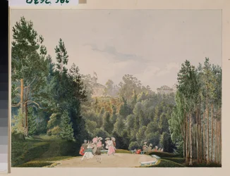Cena num parque. Trabalho de Vasily Semyonovich Sadovnikov (1800-1879), aguarela sobre papel