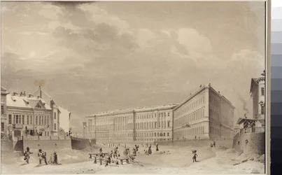 São Petersburgo. Edifício do Estado-Maior no aterro do rio Moika, por Sadovnikov, Vasily Semyonovich (1800-1879). Aquarela sobre papel, antes de 1833. Museu Estadual de História de São Petersburgo.