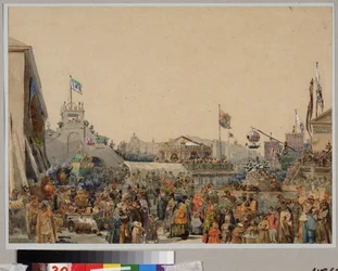 Stand de feiras na Praça do Almirantado em São Petersburgo. Obra de Vasily Semyonovich Sadovnikov (1800-1879), aquarela sobre papel