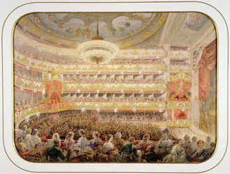 O Auditório do Teatro São Petersburgo Imperial Bolshoi Kamenny Teatro par Sadovnikov, Vasily Semyonovich (1800-1879). Aguarela, Gouache sobre papel, tamanho : 35x26