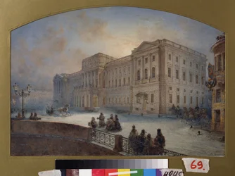Vista do Palácio Marlinsky no inverno (São Petersburgo). Obra de Vasily Semyonovich Sadovnikov (1800-1879), aquarela sobre papel