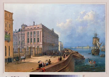 Vista do Cais de Neva e do Palácio de Mármore em São Petersburgo. Trabalho de Vasily Semyonovich Sadovnikov (1800-1879), aguarela sobre papel