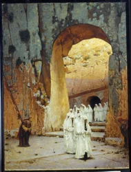 Em Jerusalém (Israel). A Tumba Real de Judá. (Em Jerusalém, a Tumba Real de Judá). Uma procissão de figuras brancas emerge do túmulo dos reis de Judá. Uma mulher inclina-se respeitosamente para cumprimentá-los à medida que passam. Pintura por