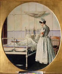 A Carta continua Incompleta - Uma enfermeira americana fica ao lado da cama de um soldado morto no hospital, de luto pelo corpo - episódio da Guerra Hispano-Americana