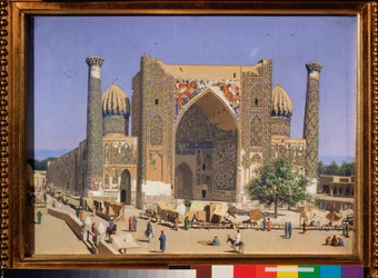 O Sherdar Madrasah na Praça Registan em Samarcanda (O Sherdar Madrasah na Praça Registan em Samarcanda) - Pintura de Vasili Vasilyevich Vereshchagin (Vassili Vereshchagin) (1842-1904), óleo sobre tela