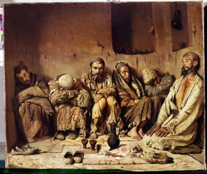 Orientalismo: fumantes de ópio sentados em uma rua no Oriente Médio (Os fumantes de ópio). Pintura de Vasili Vasilyevich Vereschagin (Vereshchagin, Vereshchagin) (1842-1904)