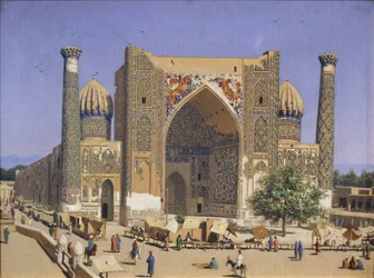 O Sherdar Madrasah na Praça Registan em Samarcanda, 1869-1870