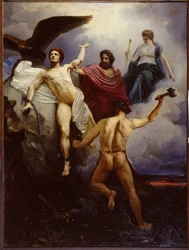 Vulcan Chaining Prometheus (Vulcanus Chaining Prometheus). Pintura de Vasily Yevmenievich Savinsky (1859-1937), óleo sobre tela 1881. Academia do Museu de Belas Artes de São Petersburgo.