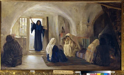 Provocando Lágrimas de Alegria (Uma jovem radiante entra em uma casa onde todos estão sentados deprimidos e chorando) (Inaugurada em uma alegria chorosa) - Pintura de Vasili Dmitrievich Polenov (1844-1927), óleo sobre tela (80x141 cm), 1899-1905 - Estado